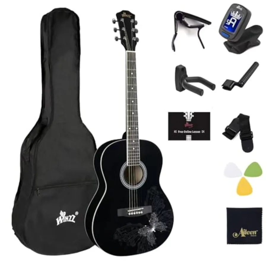

39 Inches Concert Acoustic Guitar with Full Kit in Elegant Butterfly Design for Live Performance and Practice Premium Wood Cons