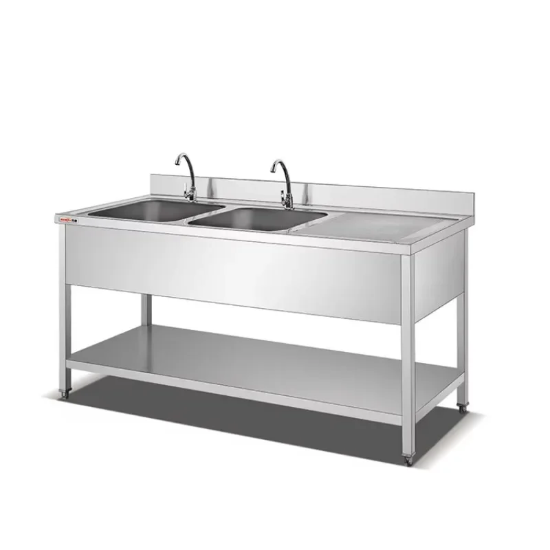 Stainless Steel Sink with Under Shelf Kitchen Work Table with Double Sink Bench Commercial Restaurant Luxury Tablewares