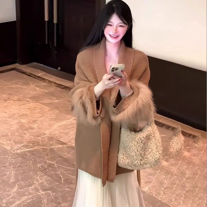 

Длинный вязаный свитер цвета хаки в клетку в стиле ретро, пальто, женский осенне-зимний ленивый наряд, вязаный топ Elely Lady Sle