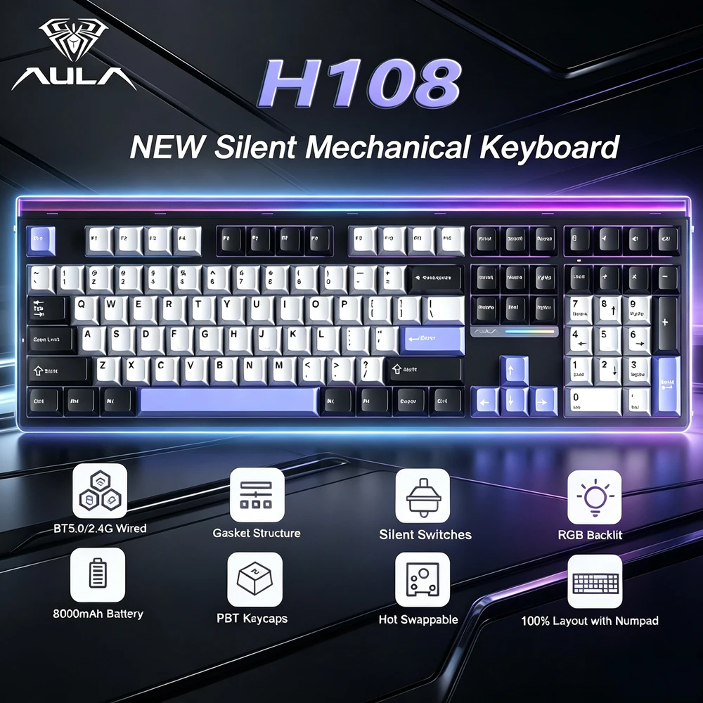 Teclado Mecânico Gamer AULA H108 100% Layout Tri-Mode 108 Teclas RGB Hot Swappable PBT Keycaps Teclado com Eixo Silencioso para Escritório