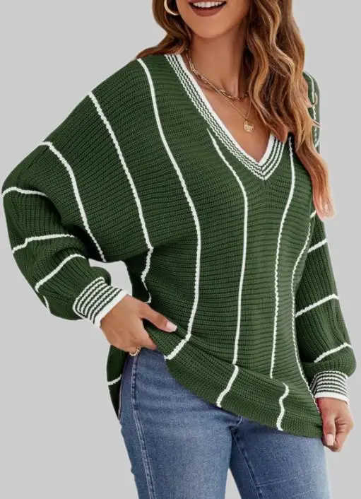 Maglione lavorato a maglia retrò con scollo a V da donna Top casual a righe larghe per il nuovo arrivo autunnale e invernale