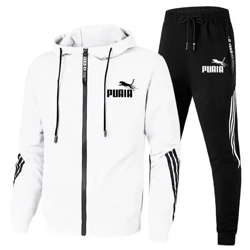 Autumn and winter new men\'s sports suit zipper cardigan jacket + sweatpants striped running fitness basketball 2-piece set