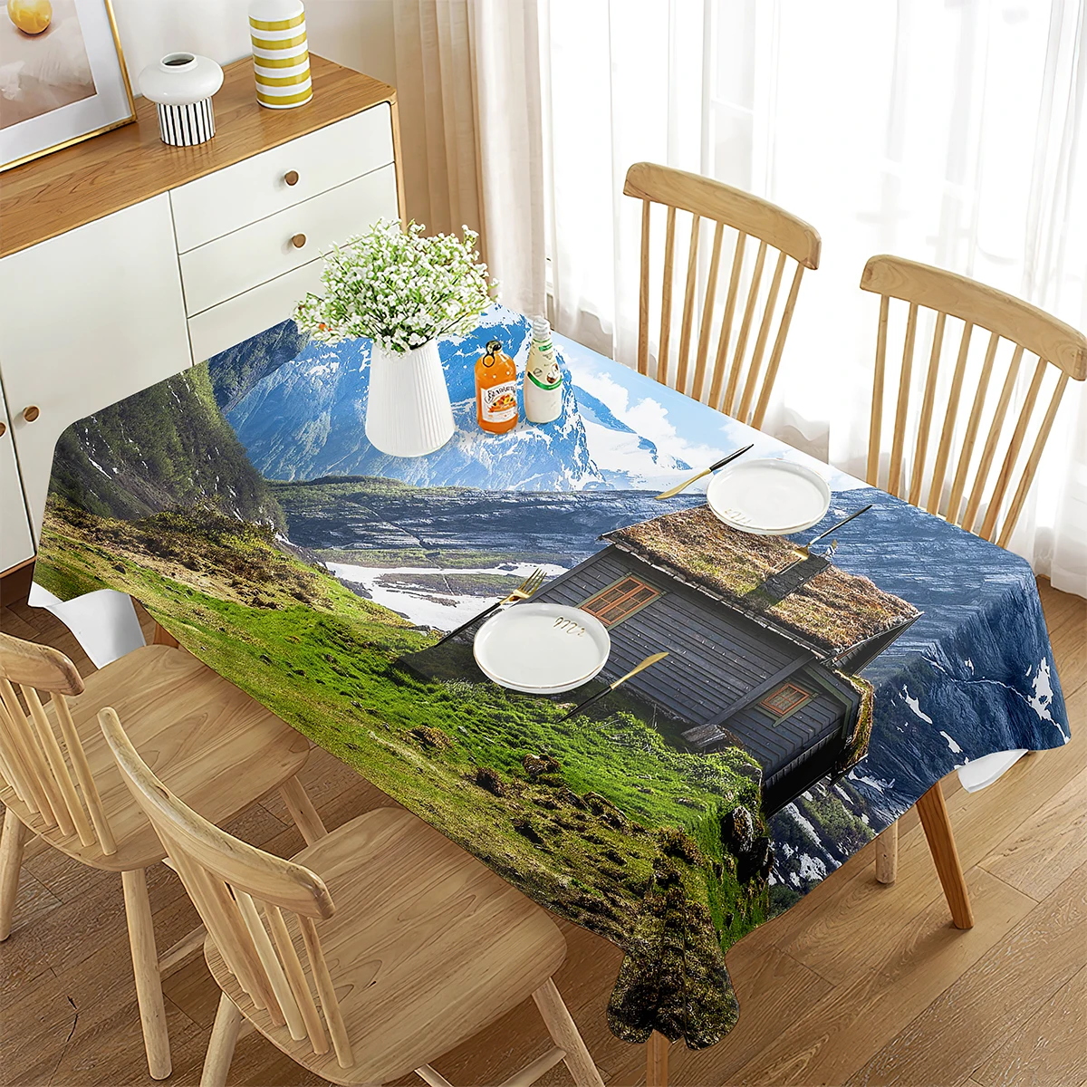 Nature Tablecloth, Pastoral Landscape in Alps with Meadow and Flowers Northern German Heaven Print, Rectangular Table Cover