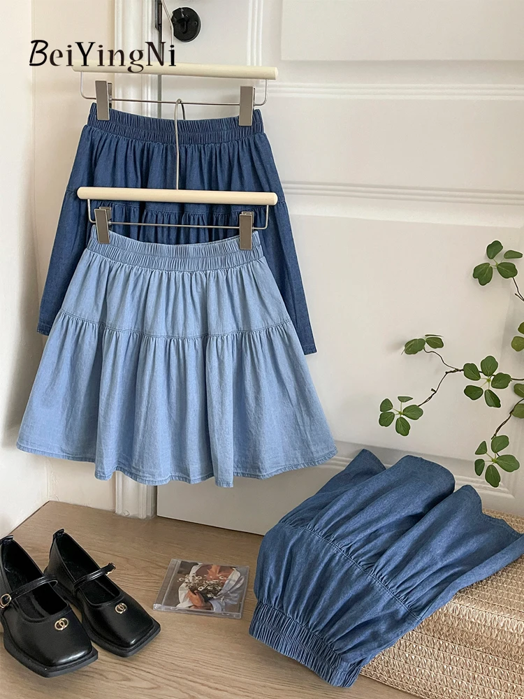 

Beiyingni Korean Women Denim Skirts Summer Sexy Blue High Waist A-line Mini Skirt Girls Solid Color Casual Retro Cake Faldas