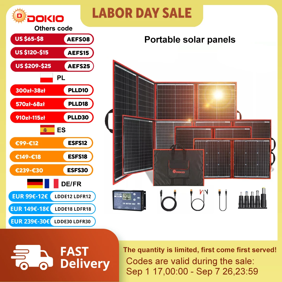 Dokio 18V souple pliable haute efficacité panneau photovoltaique bag voyage  & bateau & camping voiture & power bank Portable 18V 80w 100w 150w 200w 300w monocristallin cellule panneau solaire + 12V USB controller Kit