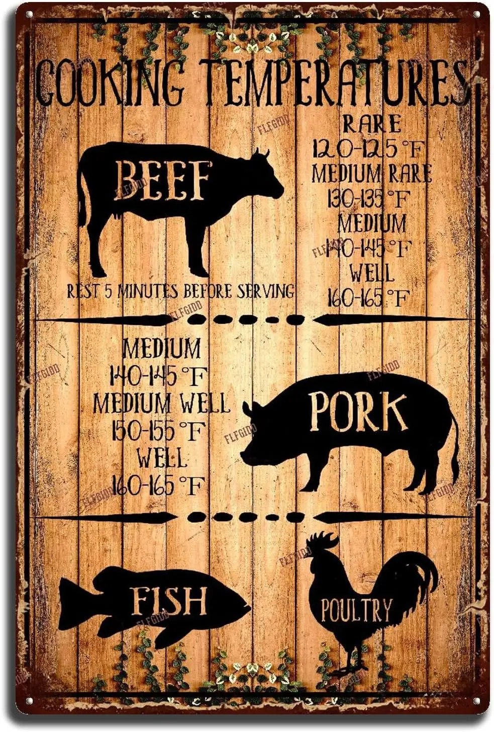 Retro Tin Sign Meat Internal Cooking Temperatures Tin Sign Wood Background Home Bar Pub Decorative 8x12inch