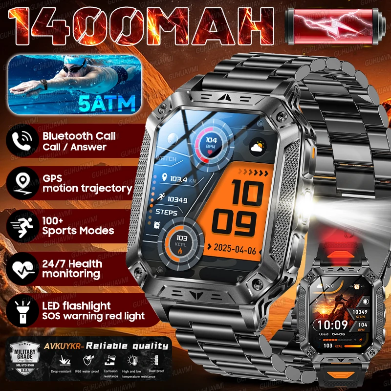 

2026 New Outdoors Durable Military Men Smart Watch 1400mAh battery 5ATM Swim LED flashlight+SOS Red Light Sports Call Smartwatch