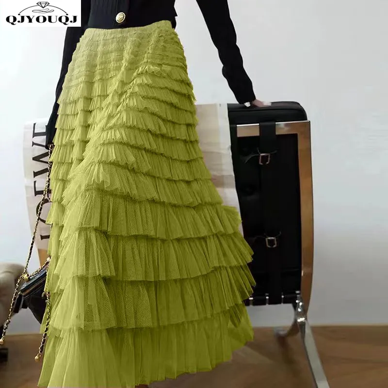 Early Spring New Korean Edition Multi Layered Cake Skirt Long Princess Style Wooden Ear Skirt Mid Long Spring