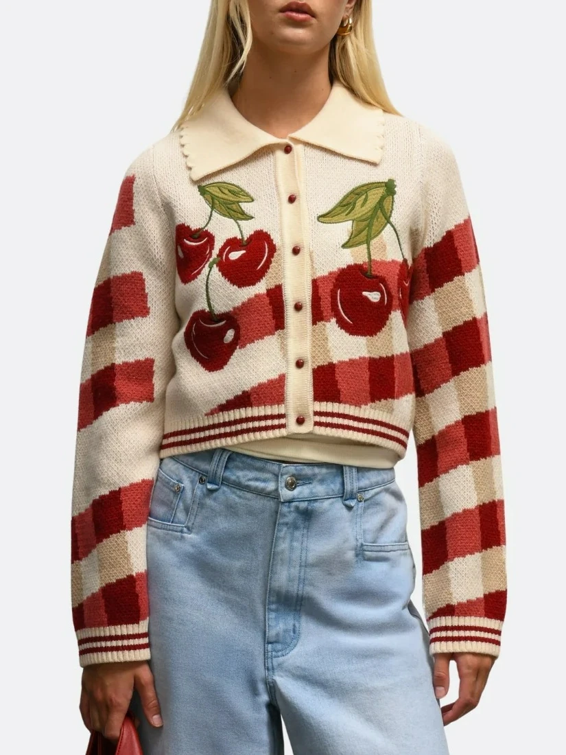 

Cheery Embroidery Cropped Sweaters Cardigan Beige Red Women Autunm Winter Long Sleeve Button Casual Ladies Sweater Jumpers New