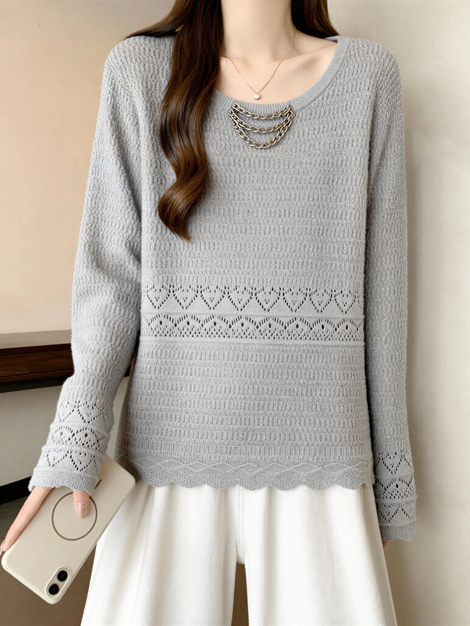

Gray Knitted Base Shirt Women's Spring New Large Size Hook Flower Hollow out Top Shoulder Width Regular Korean Style Long Sleeve