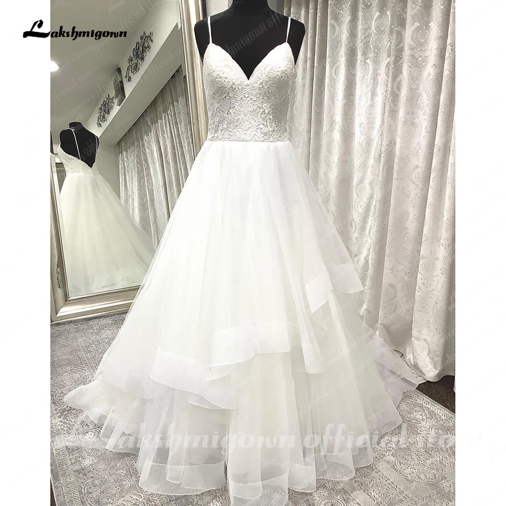 

Lakshmigown Plus Size Lace Beach Wedding Dress Boho V Neck Spaghetti Straps Tulle Ruched Open Back 2023 Wedding Gowns Brida