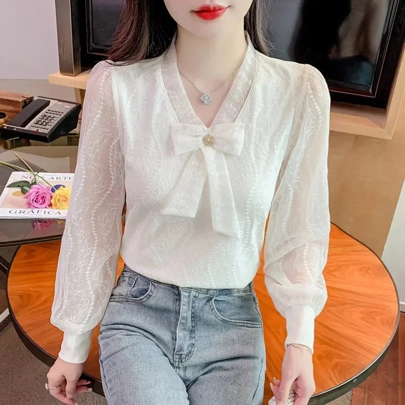 

Women Solid Color Lace Blouse Korean Ladies Long Sleeves Pullover Shirt Spring Summer Female Fashion V-neck Bow Top Coat