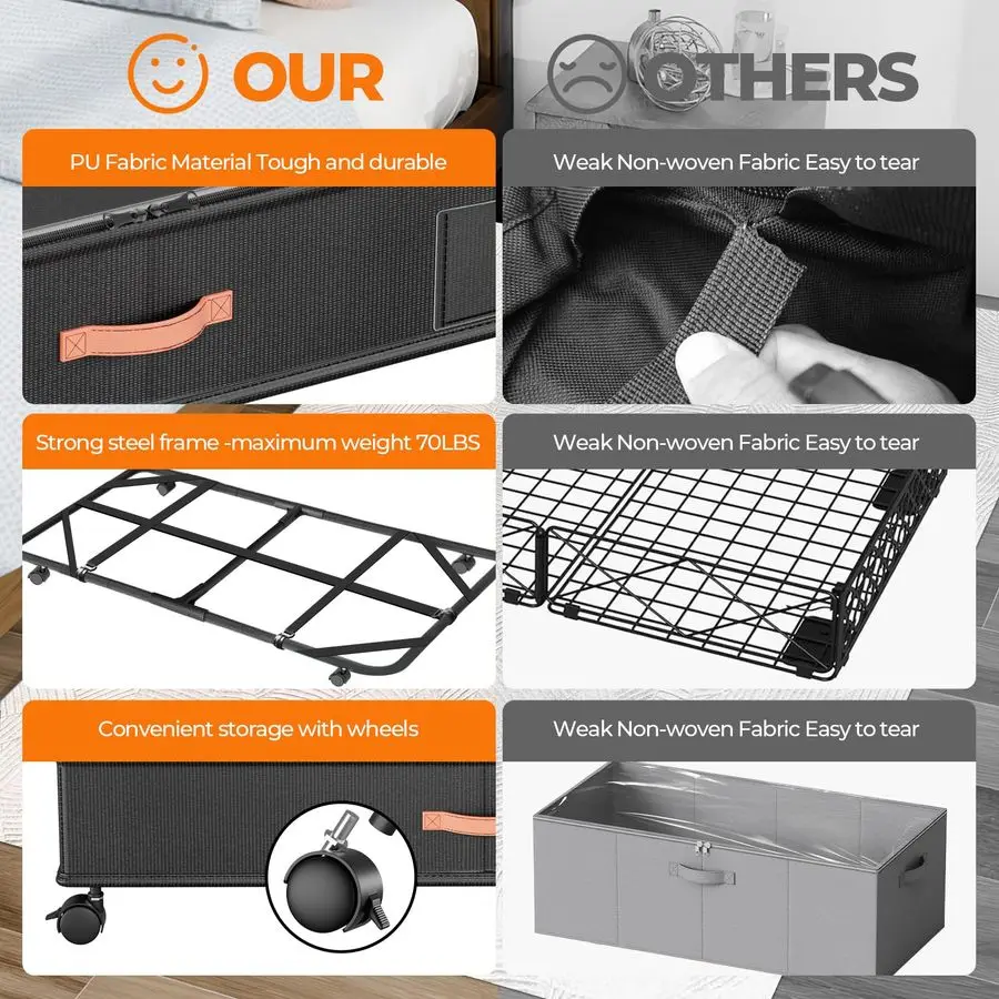 Rangement de lit avec roulettes, paquet de 2 conteneurs de rangement sous le lit avec couvercles transparents, grands bacs organisateurs de rangement sous le lit XXL avec H