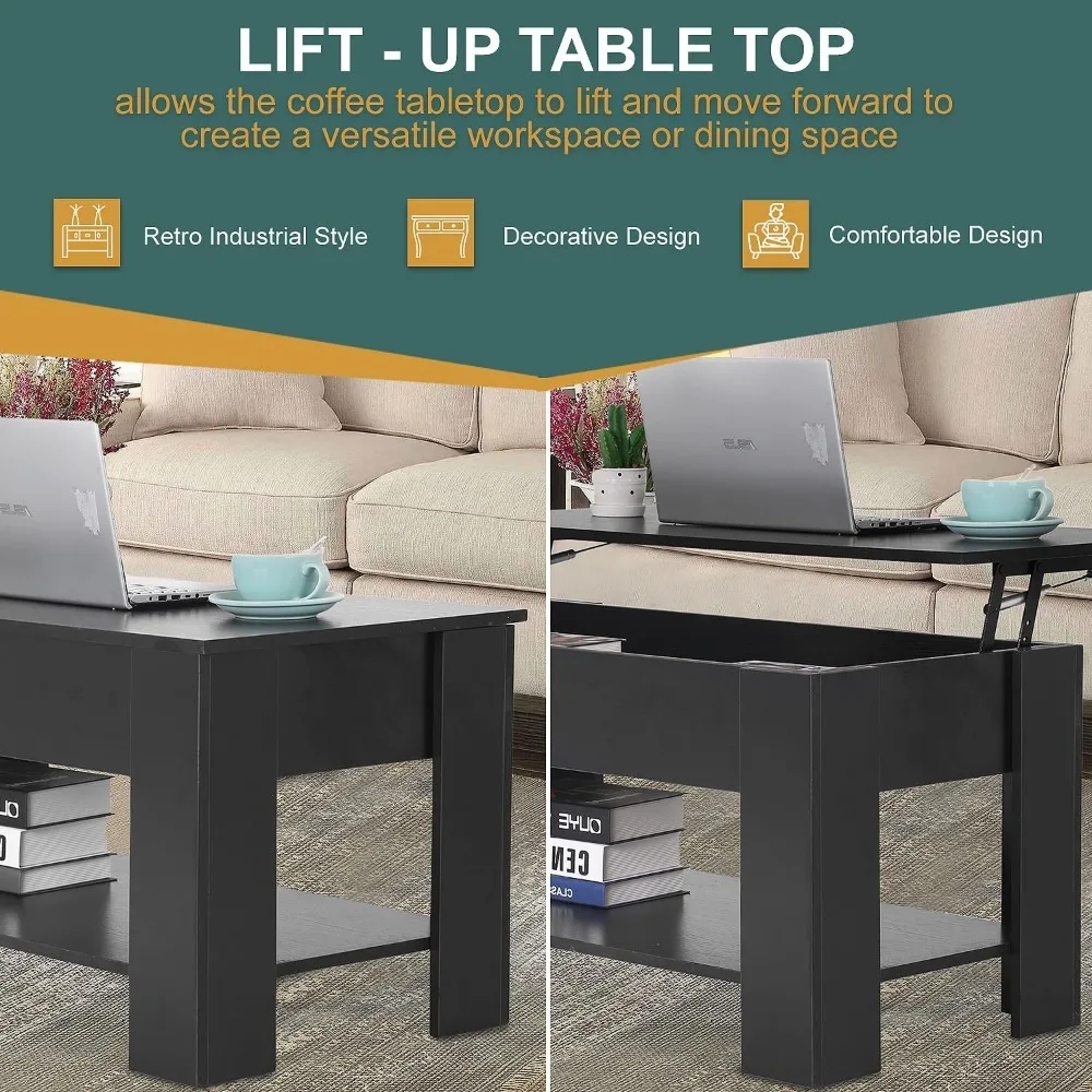 Lift Up Coffee Table, Wooden Lift Up Coffee Table with Hidden Compartments and Storage Shelves