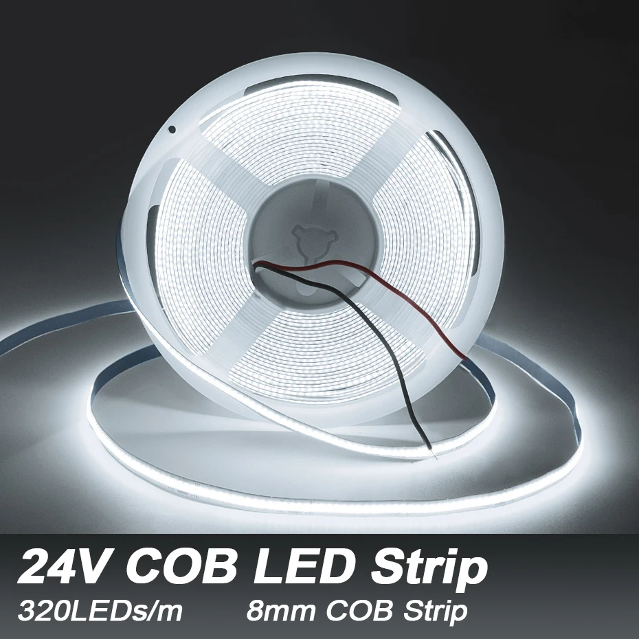 

5M 10M 24V COB Led Штриховые лампы 320 Led / m Высокая плотность теплый холодный нейтральный белый гибкий COB ленточный светильник телевизор Подсветка