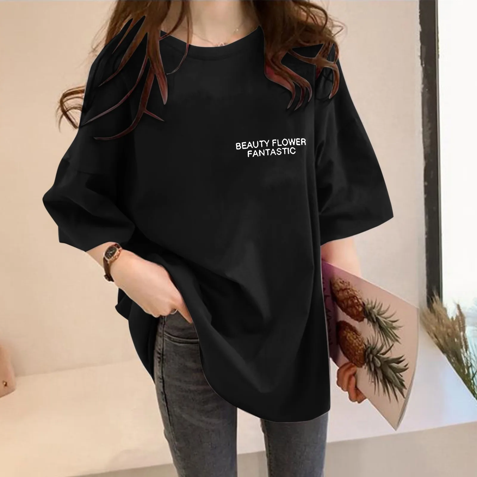 Letter Print Oversized T-shirt Round Neck Short Sleeve Graphic Tees Women Casual Loose T-shirts Femme Playeras Mujer