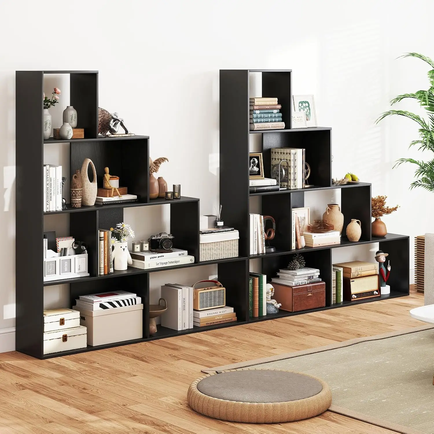 6-Cube Geometric Bookshelf 2-Pack, 4-Tier L-Shaped Freestanding Corner Display Shelf w/Anti-Toppling Kits, Modern Etagere for Li