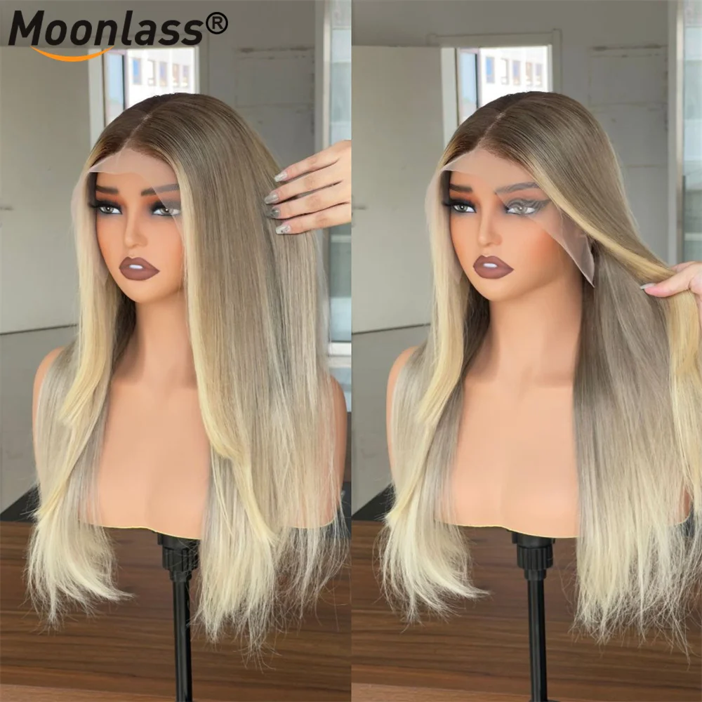 13x6 Wig rambut manusia renda depan Balayage Wig Ombre krem pirang terang rambut manusia telah ditanami potongan berlapis lurus panjang