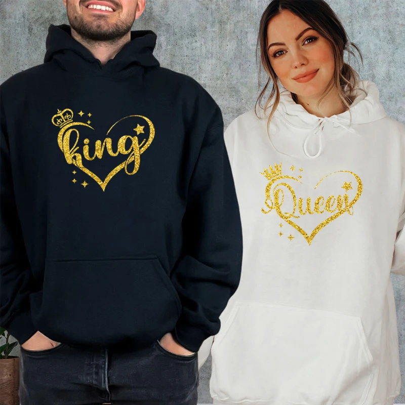 Couples Matching Sweatshirts King Queen Funny Hoody Golden Crown Heart Print Long Sleeve Hooded Wife Husband Lovers Sweatshirts