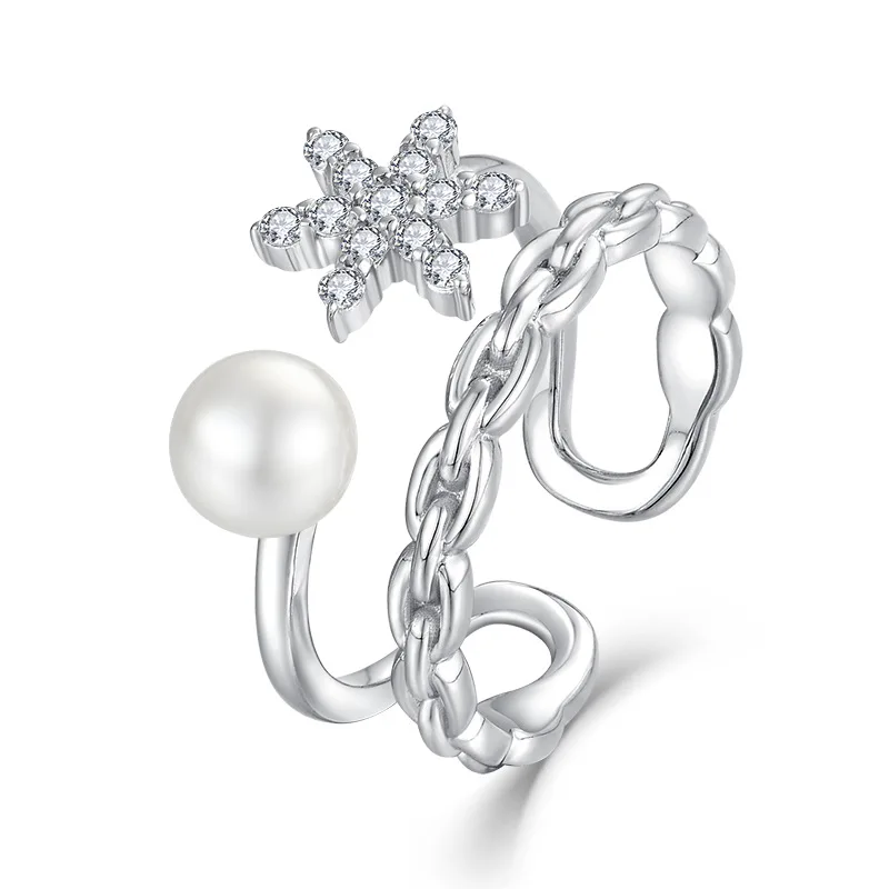 

New Trendy Unique Design 925 Sterling Silver Chain Zircon Starfish Pearls Ring for Women Engagement Fine Jewelry