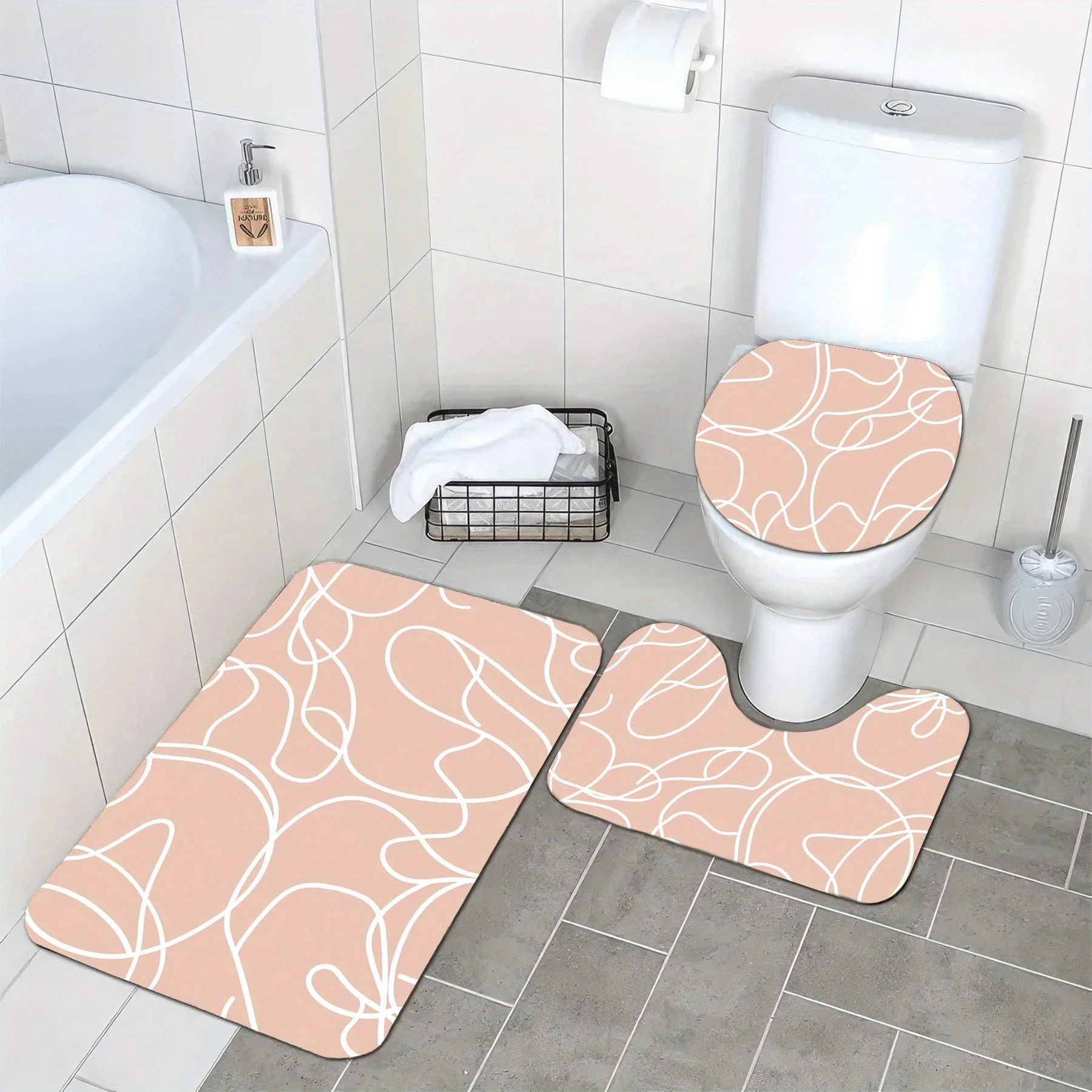 3pc White graffiti line art pattern bathroom set, U-shaped mat, non-slip mat, toilet seat cover suitable for bathroom decoration