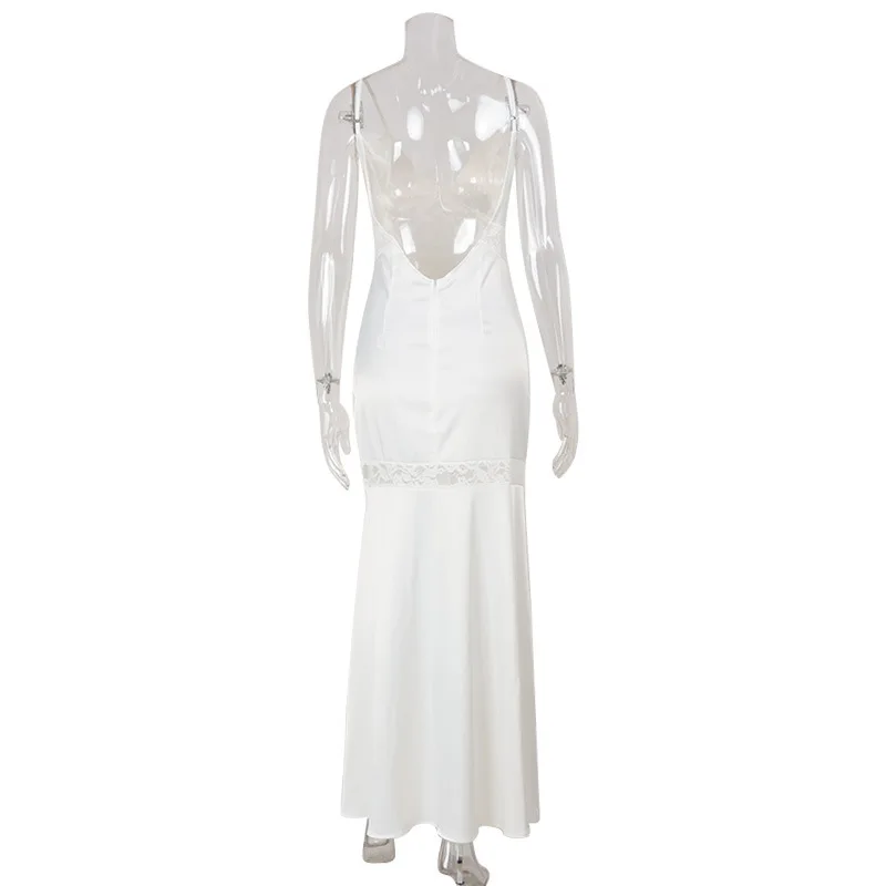 Outono branco cetim renda vestido de baile sexy listra sem mangas longa bainha formal casamento convidado robes festa noite vestido de noiva
