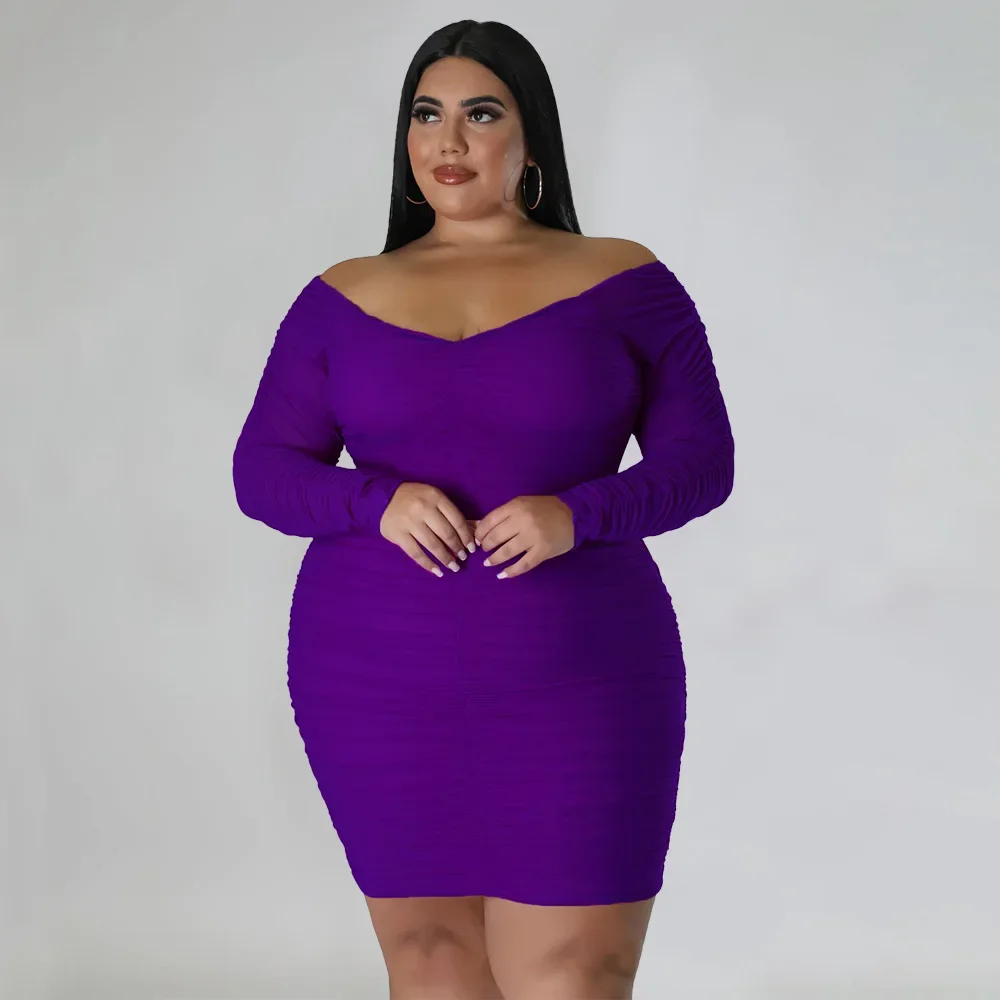 

KEXU 2024 Spring Plus Size Women Elegant Fashion Party Dresses Sexy Off Shoulder Long Sleeve Plunging V-neck Bodycon Dress