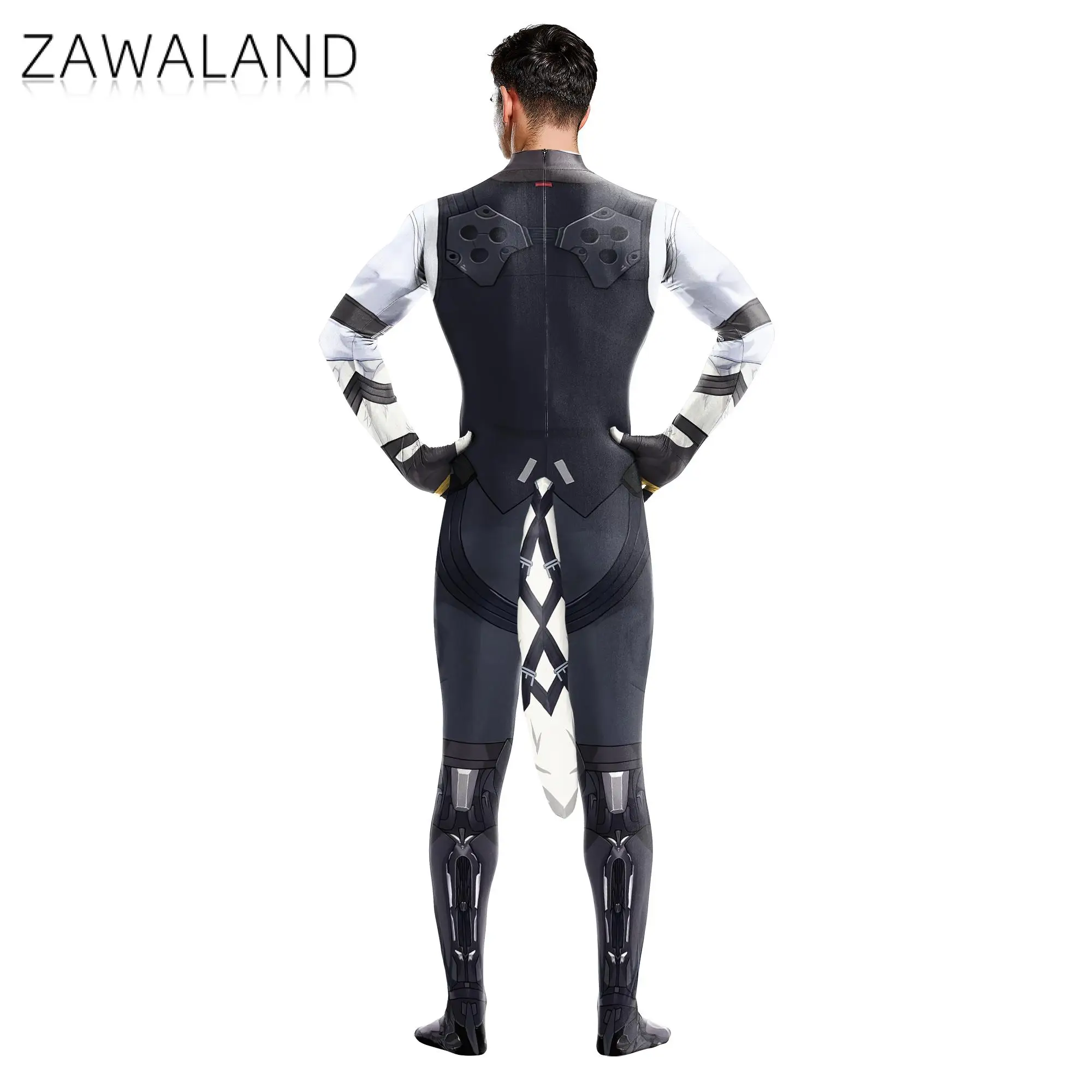 Zawaland Cosplay Lecarn Game Character with Tail Jumpsuit Men Carnival Funny Anime Costume Adult Zentai Bodysuit Fancy Catsuit