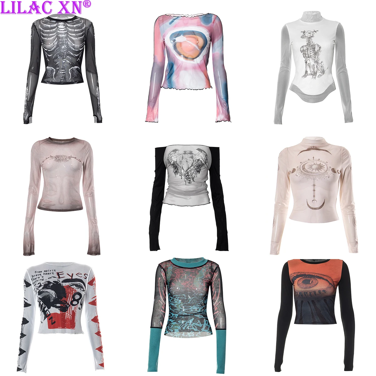 Y2K Sexy Lace Mesh See Through T-Shirts Goth Graphic Print Long Sleeve Knit Patchwork Tops Vintage Women Summer Streetwear