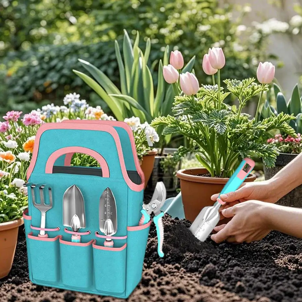 Juego de herramientas de jardín, juego de herramientas de jardinería de alta resistencia con paleta de mano, podadora, rastrillo de mano, guantes, bolsa de transporte para regalo de jardineros domésticos