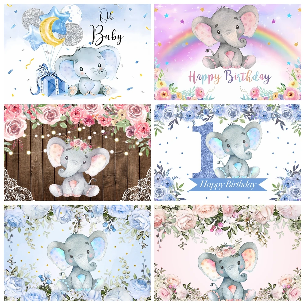 

Cartoon Elephant Birthday Backdrop Boho Style Cute Boys Girls 1st Birthday Party Decoration Baby Shower Photography Background