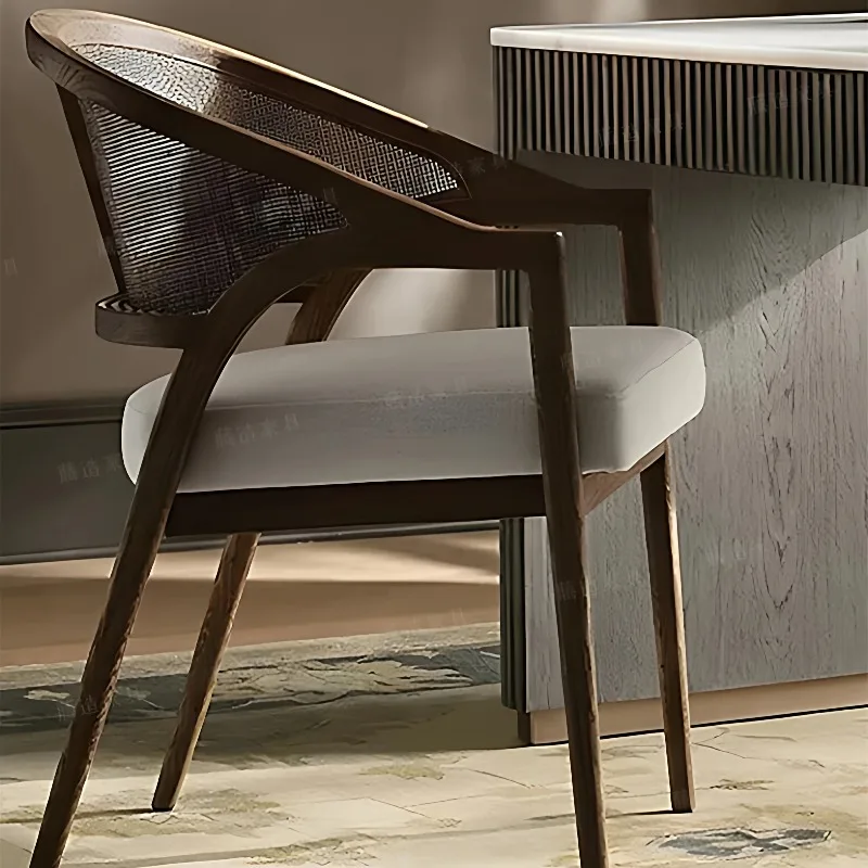 Beige Linen Dining Chairs Kitchen Wickerwork Armchair Comfortable Dining Chair Elegant Minimalist Lounge Dining Room Furniture