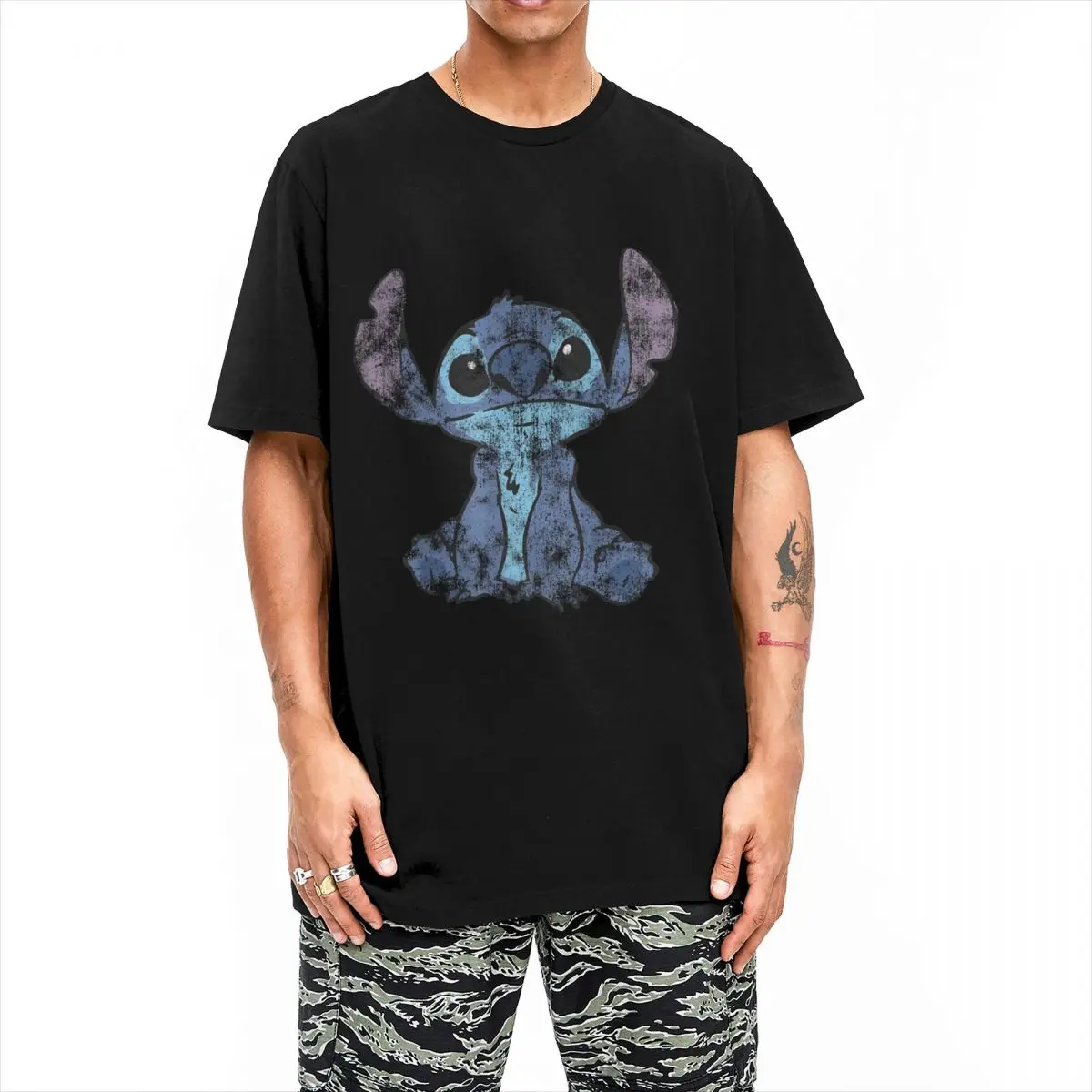 Leisure Lilo & Stitch T-Shirts Men Women Crewneck Pure Cotton T Shirt Distressed Stitch Portrait Tee Shirt Plus Size Clothes