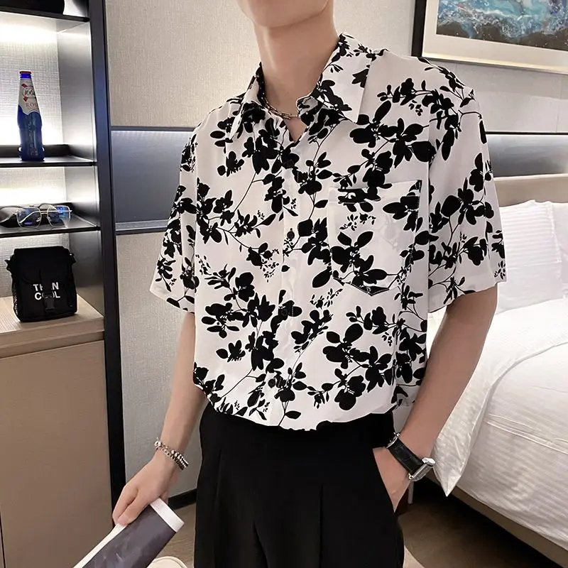 Herenkleding Bloemen Streetwear Lente Zomer Dunne Mode Casual Losse Knappe Korte Mouwen Print Turn-Down Kraag Shirts