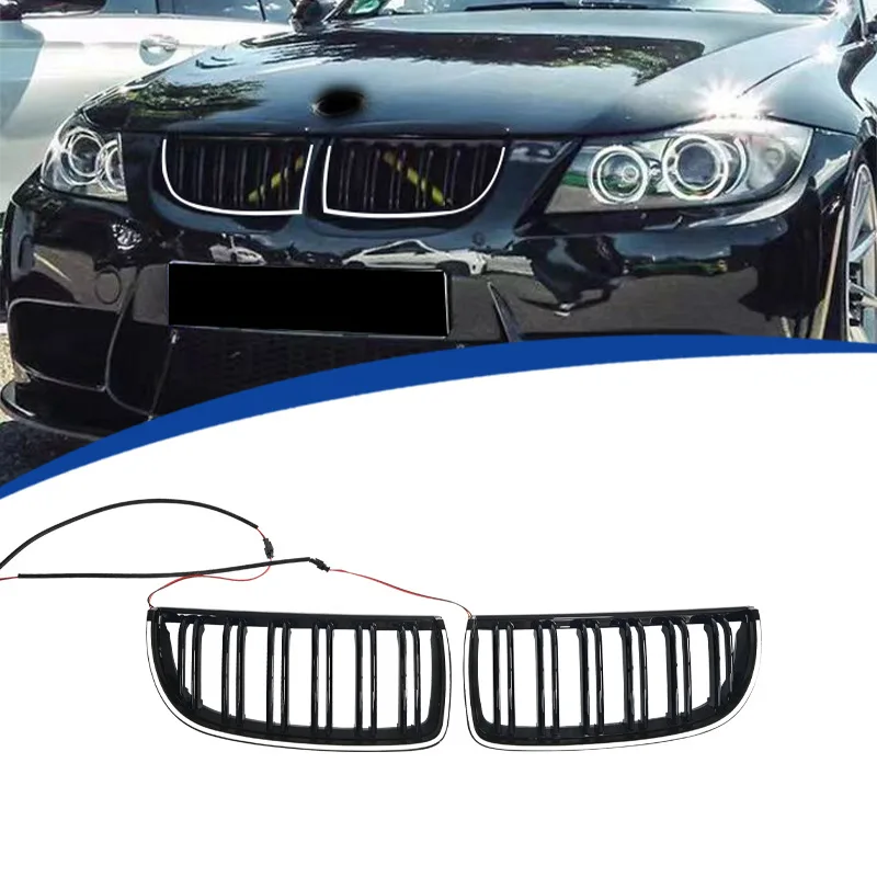Illuminated LED Glossy Black Front Grille (Dual-Line Style for For BMW E90 3-Series 4-Doors 320i 325i 2005-2008 Racing Grills