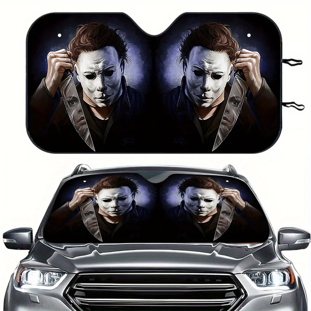 

Солнцезащитный козырек на лобовое стекло автомобиля Michael Myers, 1 шт., полиэстеровая защита на лобовое стекло, складная с 2 бесплатными присосками, 57,09 × 27,56