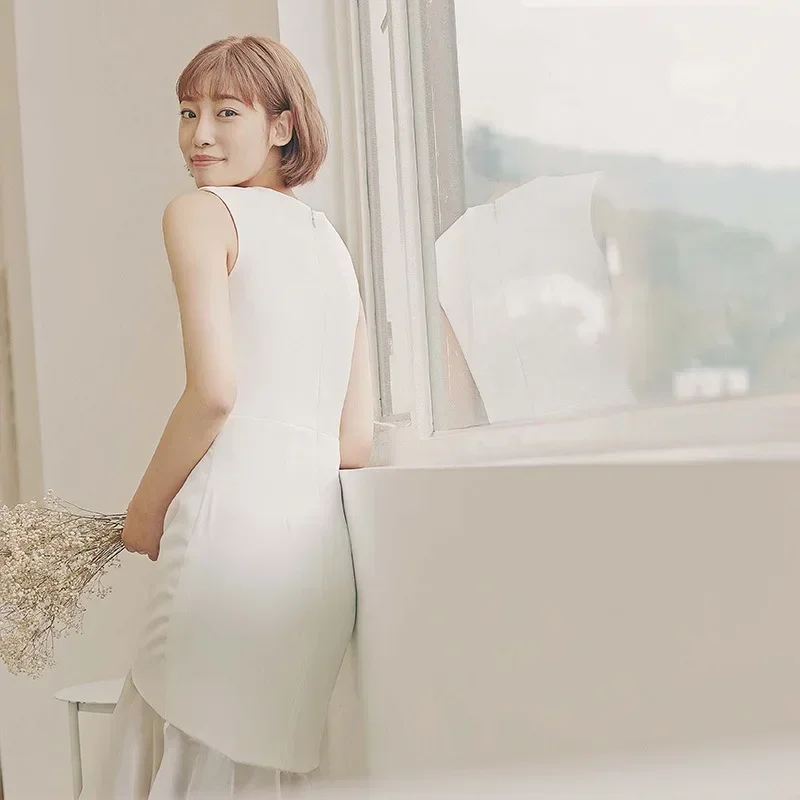 Fotografia di viaggio Abito da sposa leggero Nuovo temperamento bianco Elegante aderente Banchetto Party Host Abito da sera lungo da donna