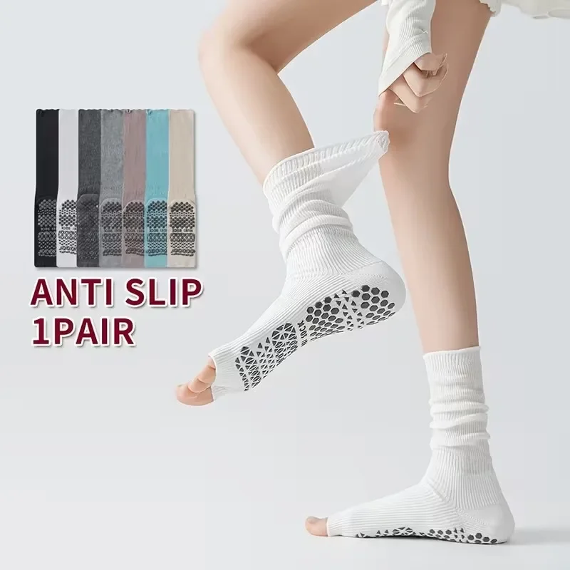 1 Pair Pack Women's Non-slip Grip Yoga Socks Open-Toe Style 2-toe Cotton Socks Summer Indoor Fitness Floor Pilates Sock