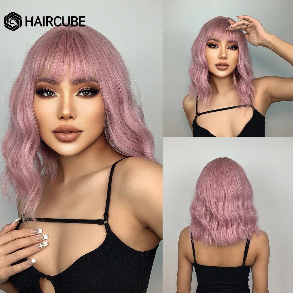 HAIRCUBE krótkie różowe peruki syntetyczne Natural Water Wave Bob peruki z grzywką dla kobiet słodkie włosy codzienne Lolita peruki termoodporne