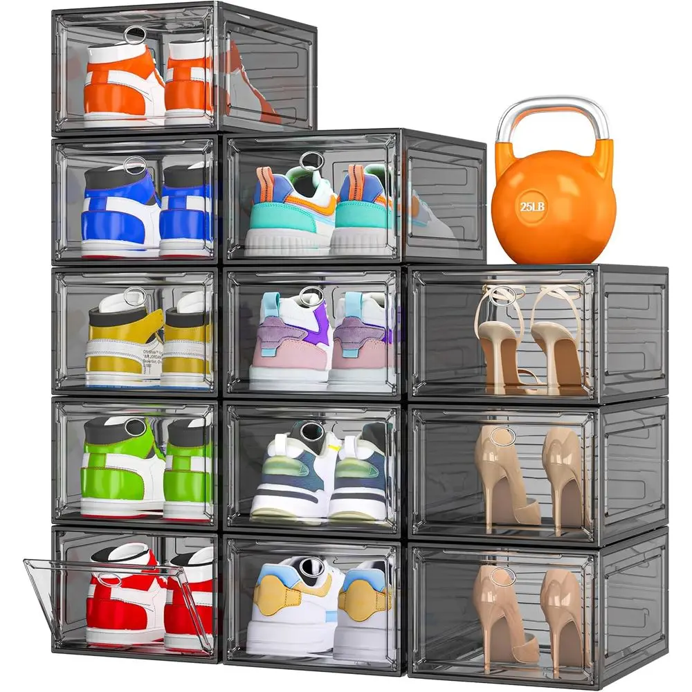 

12 Pack Clear Shoe Storage Organizer with Magnetic Door, Stackable Plastic Shoe Boxes or Sneakers, Boots, and Heels, Space-Savin