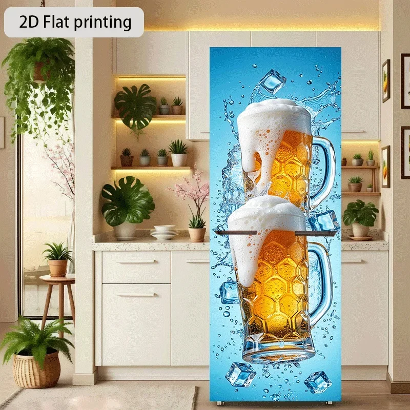 Refrigerator Sticker, Iced Beer Double Cup Splashing Bubbles Themed Design, Self-Adhesive Wall Decal Wallpaper, Suitable for C