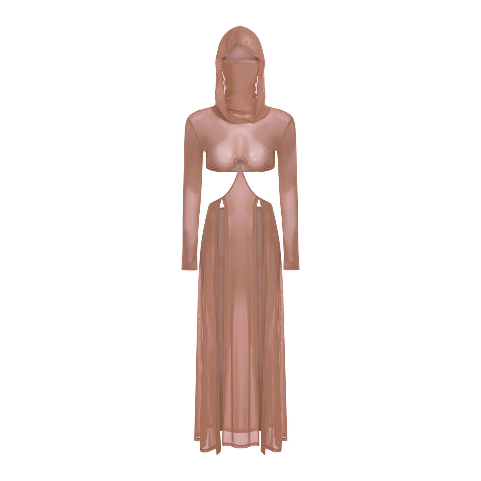 Womens sexy pure maxi hoge split jurk met capuchon gezichtsmasker lange mouwen uitgehold cover-up mesh jurk voor strand zwembad party clubwear