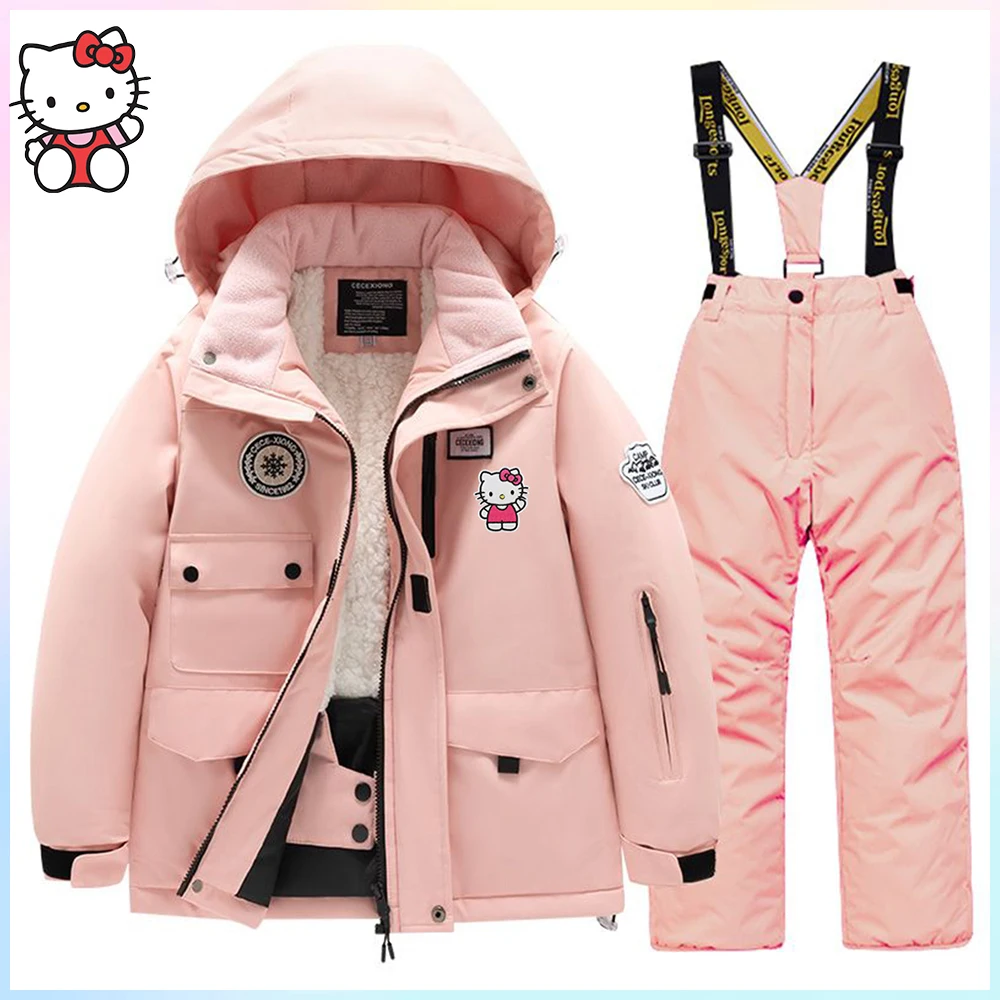 

Winter Hello Kitty Kuromi Kids Ski Set Sanrio Waterproof Boy Girl Waterproof Plush Thick Pants Snow Outdoor Jacket Warm Ski Suit