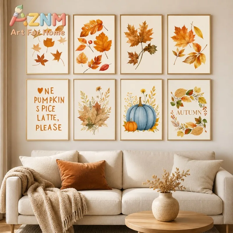 Watercolor Fall Maple Leaf Canvas Gallery Wall Prints Blue Pumpkin Pumpkin Spice Typography Wall Art Farmhouse Home Decor Gift