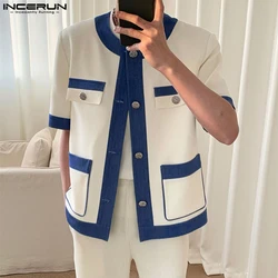 INCERUN Tops 2023 Korean Style Men's Contrasting Color Patchwork Pocket Shirts Casual O-neck Palace Short Sleeved Button Blouse