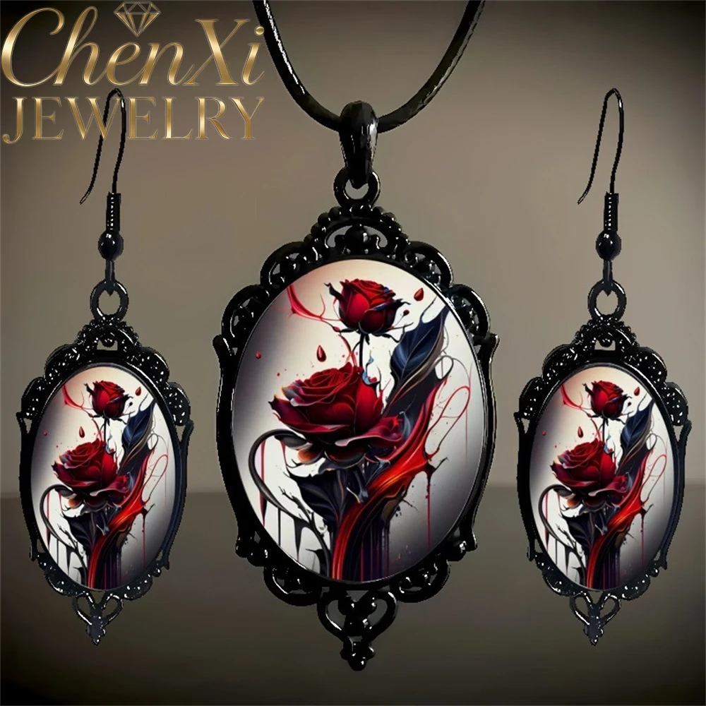 Floral-Patterned Black-Framed Glass Pendant Earrings Necklace Set Best Selling Popular Exquisite Gift Fashion Jewelry Simple