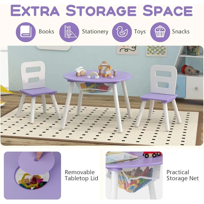 Juego de mesa y silla para niños, mesa de actividades de madera con almacenamiento de malla central, muebles para niños, regalo para niños y niñas,