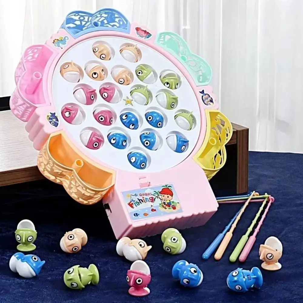 Kreatives Kunststoff-Angelspielzeug, blau, rosa, 15 Fische, 4 Ruten, Angelscheibe, magnetischer elektrischer Spin mit Musikspielzeug, Geschenk