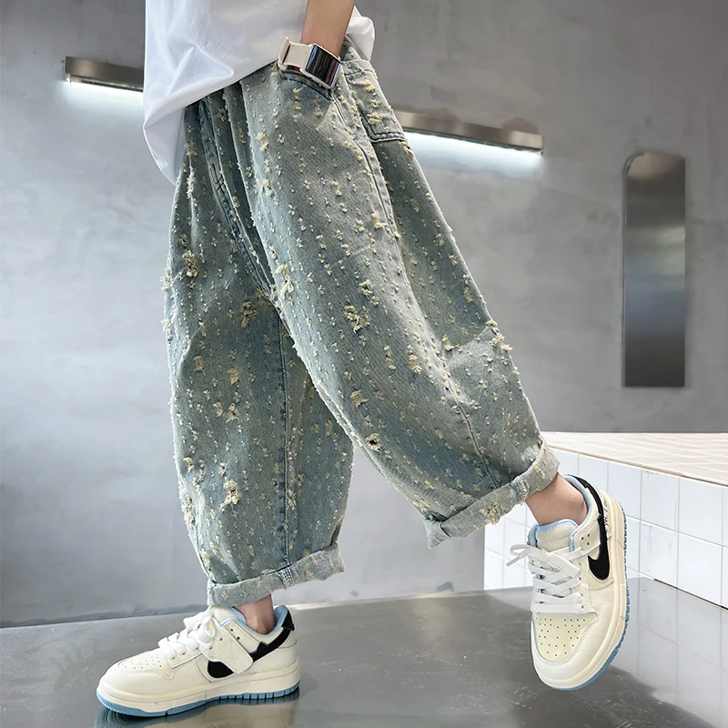 New Design Kids Spring Autumn Distressed Ripped Jeans Pants For Boys Casual Streetwear Bottoms Children Destroy Denim Pants 5-14