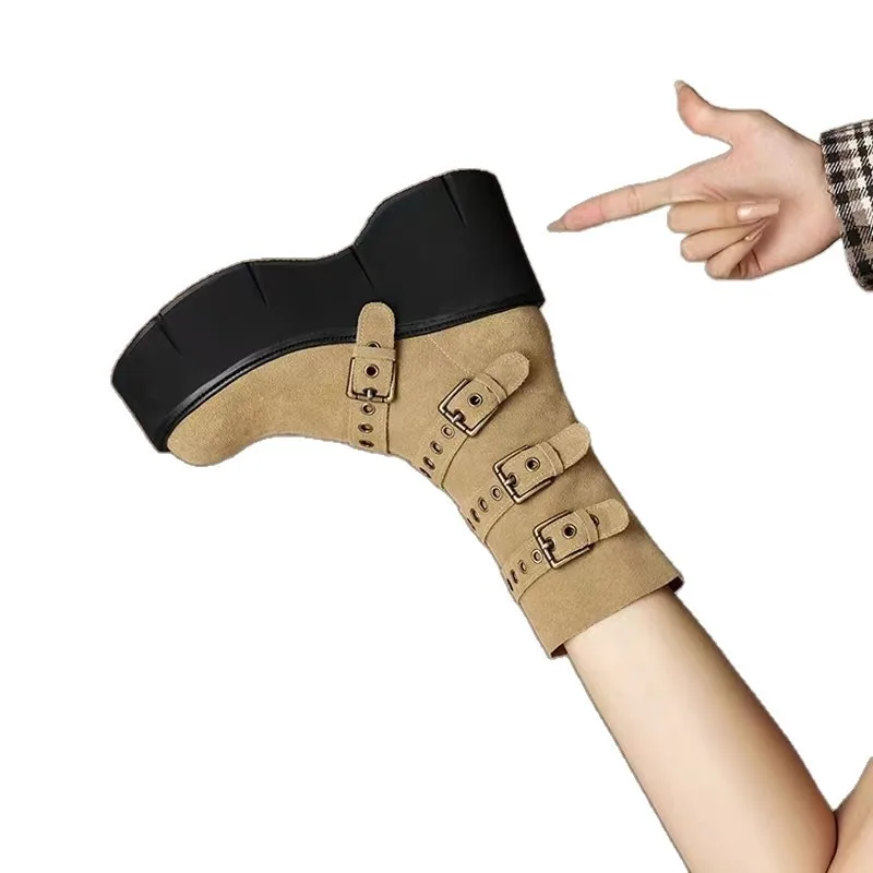 Современные ботинки на среднем каблуке и квадратном каблуке. Однотонная новинка с пряжкой. Распродажа. Брендовые ботильоны без шнуровки до середины икры.